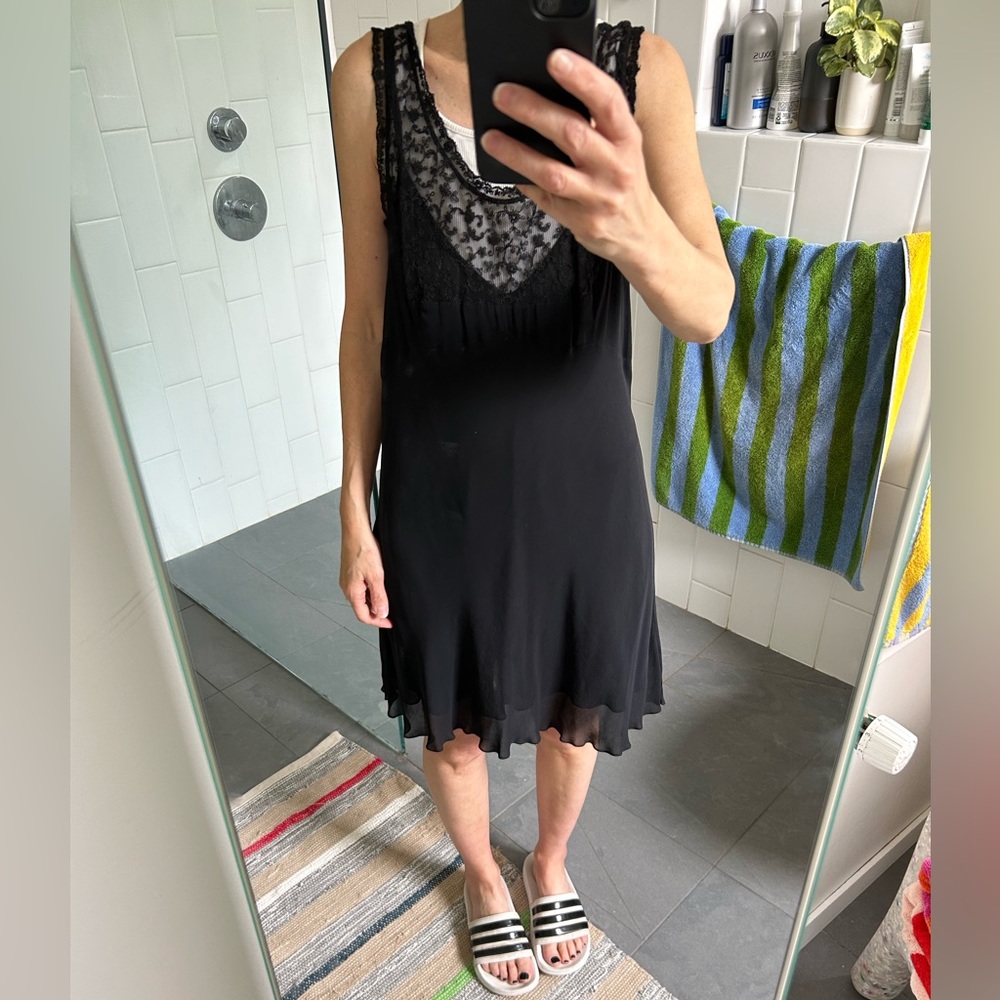 DKNY Black Rayon Bias-cut Tank Slipdress with Embroidered Yoke and V-back